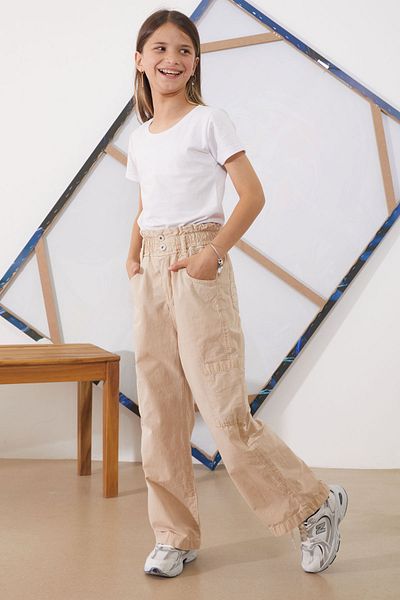 Cansın Mini Beige Girl's Parachute Pants with High Waist and Double Pockets 18929