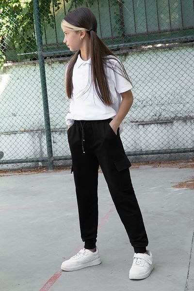 Cansın Mini Girl's Black School Sweatpants - Elastic Waist, Cargo Pocket 19193