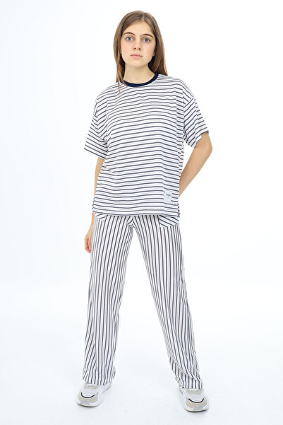 Cansın Mini Синій короткий рукав смугастий комплект для дівчинки 17982