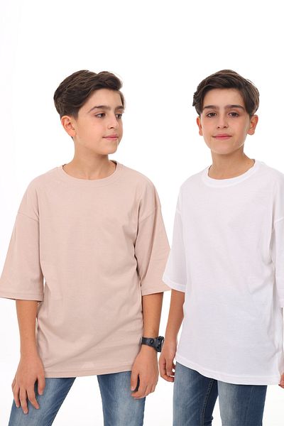 Cansın Mini Μπεζ - Λευκό απλό ανδρικό μπλουζάκι με λαιμόκοψη 2 τεμαχίων 18047