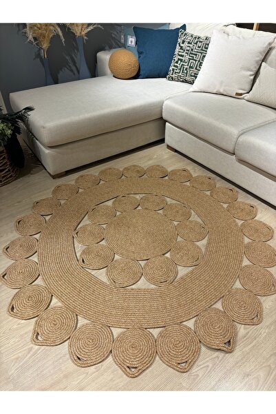 MaVaux Nüans Jüt Hasırlı El Örgüsü Kilim Halı Hasır Yuvarlak