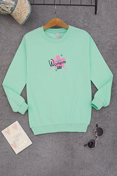 Cansın Mini Yeşil Çiçek Nakışlı Kız Çocuk Kız Çocuk Sweatshirt 17192