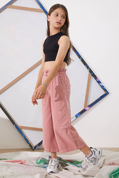 Cansın Mini High Waist Pink Dobby Girl's Trousers - 18925