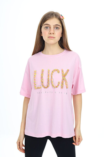 Cansın Mini Рожева футболка з написом «Luck» та велосипедним коміром для дівч...