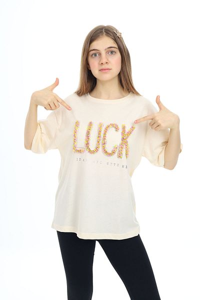 Cansın Mini Κοριτσίστικο T-Shirt Cream Luck Written Crew Neck 17806