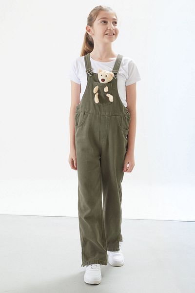 Cansın Mini Khaki Teddy Bear Pocket Slit Girl's Jumpsuit 17714