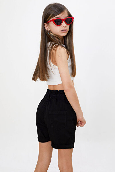 Cansın Mini Siyah Yüksek Bel Çift Düğmeli Kız Jean Şort 18481