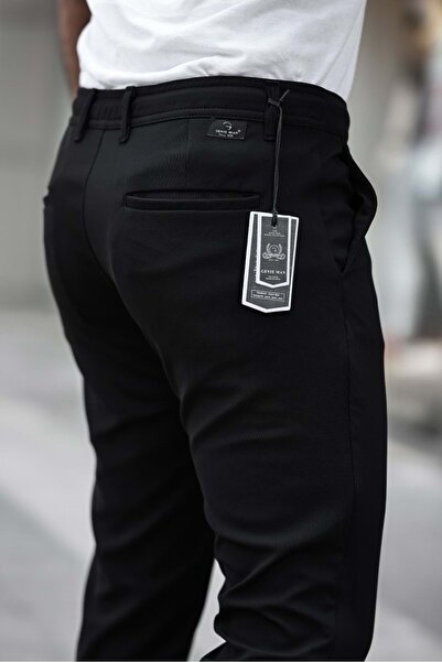 Olivia GENİE MAN Yan Cepli Beli Lastikli Önü İpli Likralı  Pantolon Siyah