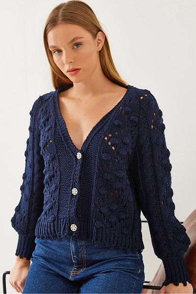 Bianco Lucci Damen-Strickjacke mit V-Ausschnitt, Pompom und drei Knöpfen 20246855