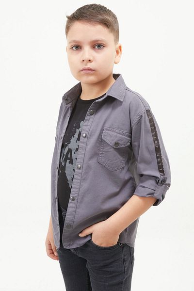 Cansın Mini Smoked Sleeves Stripe Written Jean Shirt T-Shirt Boy's 2-Piece Set 17644