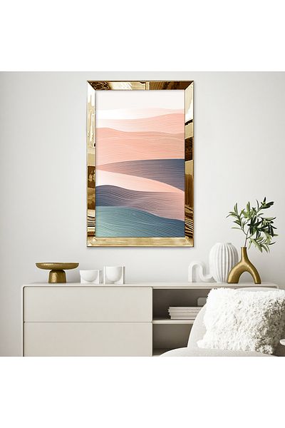 Zevahir Mobilya Dekorasyon Masa MDF cu design abstract cu dungi de culoare roz și albastru cu cadru din plexiglas cu oglindă aurie