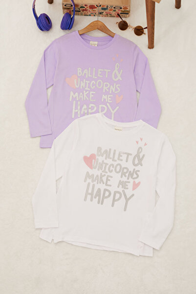 Cansın Mini سويت شيرت بناتي مطبوع عليه نص لامع مكون من قطعتين أصفر سلمون 17337