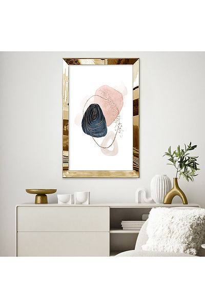 Zevahir Mobilya Dekorasyon Masa MDF simpla cu forme abstracte de culoare roz si bej cu rama din plexiglas cu oglinda aurie