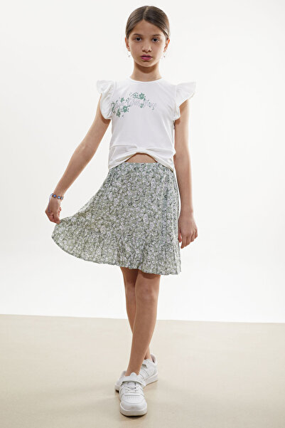 Cansın Mini Khaki Floral Patterned Skirted Printed T-Shirt Girl's Suit 18502