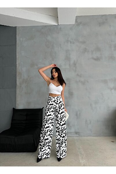 Zeo Basic Pantaloni largi de bază ZEO - alb negru cu model de vacă