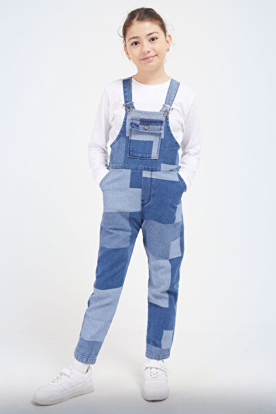 Cansın Mini Blue Square Patterned Girl's Jean Salopet Jumpsuit 17612
