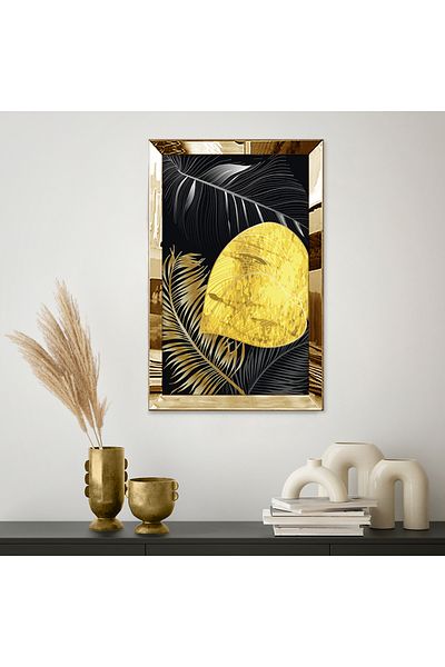 Zevahir Mobilya Dekorasyon Masă MDF unică cu design modern, cu temă botanică, cu cadru din plexiglas cu oglindă aurie