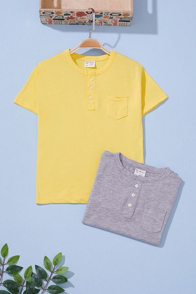 Cansın Mini Grey-Yellow 2-Piece Short Sleeve T-Shirt Set for Baby Boy 19093