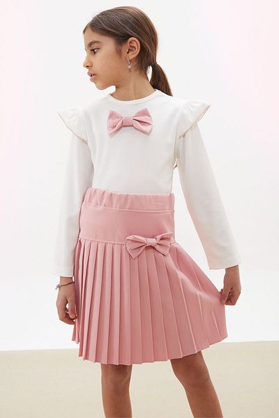 Cansın Mini Dusty Rose πλισέ φούστα και μακρυμάνικο φόρεμα για κορίτσια 17744