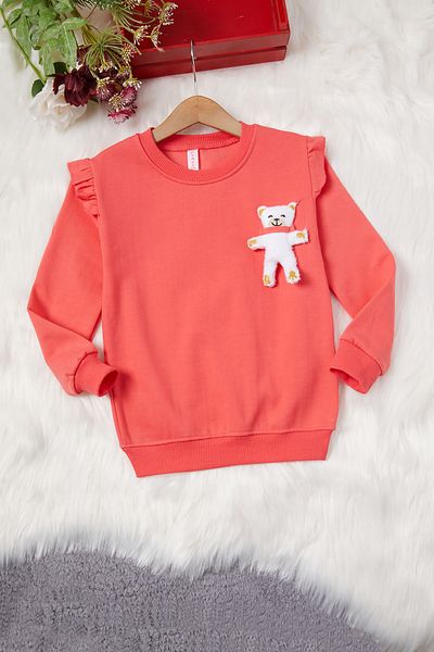 Cansın Mini Red Teddy Bear Sweatshirt with Flounce Sleeves for Girls 16986