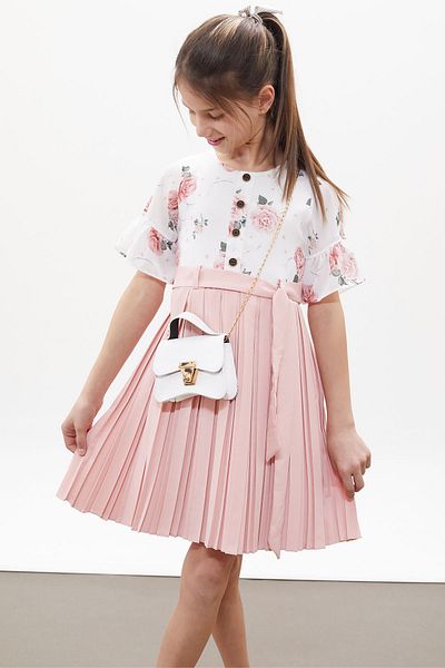 Cansın Mini Rochie plisată pentru fetiță, cu mâneci scurte, cu model de trandafiri roz deschis, cu geantă 18263