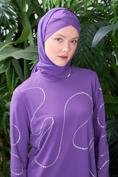 Moodbasic Stone Embroidered Suit Hijab Swimsuit - Purple