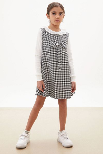 Cansın Mini Black Houndstooth Patterned Bow Girls' Dress with Badi 17651