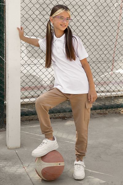 Cansın Mini Girl's Cream Sweatpants - Elastic Waist, Cargo Pocket, School Uniform 19194