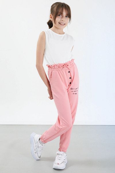 Cansın Mini Pink Have a Good Time Written Button Λεπτομερές κοριτσίστικο παντελόνι 17675