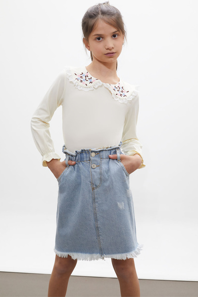 Cansın Mini Екрю квіткова вишивка блуза з джинсовою спідницею для дівчинки 18166