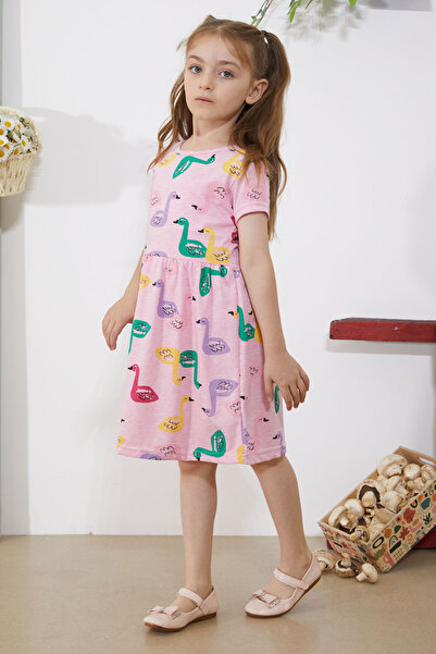 Cansın Mini Καλοκαιρινό φόρεμα με στάμπα ροζ κύκνου για κορίτσι - κοντομάνικο