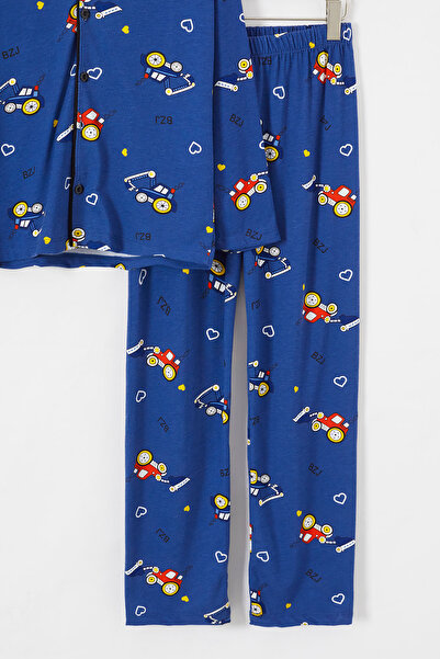 Cansın Mini Boy's Pajama Set 18670 - Navy Blue, Car Printed, Buttoned