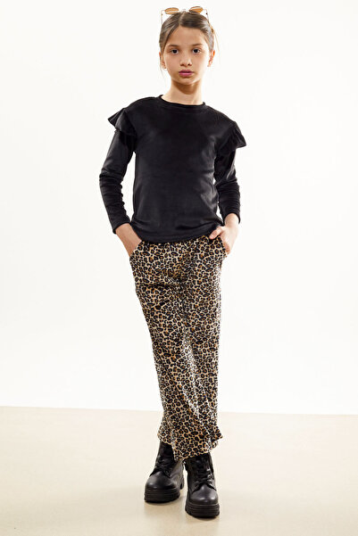 Cansın Mini Girl's Velvet Suit with Leopard Patterned Flounce Blouse 17036