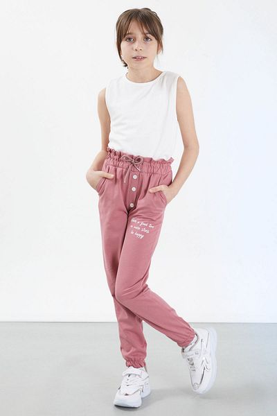 Cansın Mini Dusty Rose Have a Good Time Written Button Λεπτομερές κοριτσίστικο παντελόνι 17673