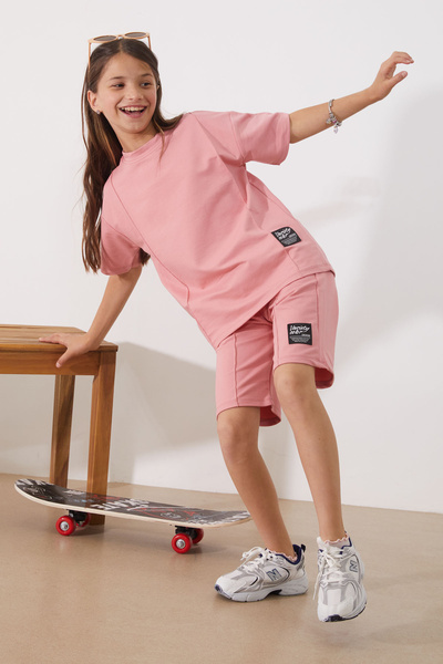 Cansın Mini Oversize Pink Girl's Shorts Set - T-Shirt, Striped 18904