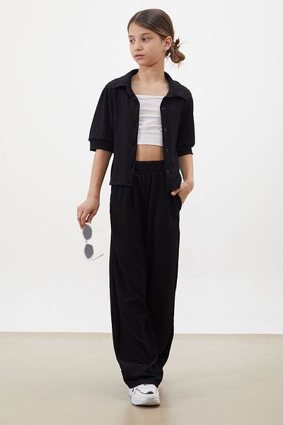Cansın Mini Girl's Black Cropped Shirt with Trousers, Top and Bottom Set 18411
