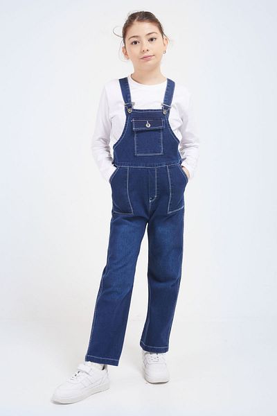 Cansın Mini Salopetă de jeans pentru fetiță, albastru închis, cu buzunare la piept 17609