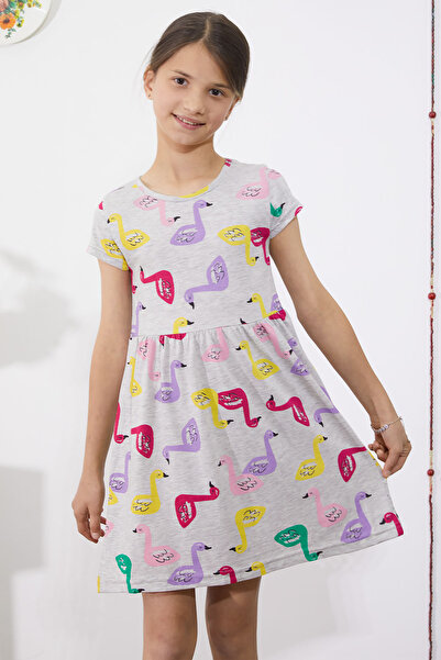 Cansın Mini Gray Swan Printed Summer Dress for Girl - Short Sleeve
