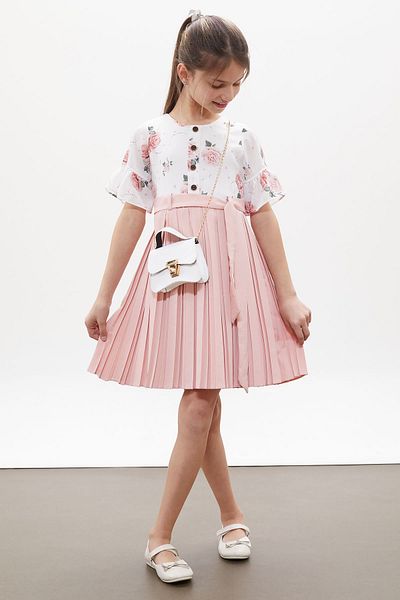 Cansın Mini Rochie plisată pentru fetiță, cu mâneci scurte, cu model de trandafiri roz deschis, cu geantă 18263