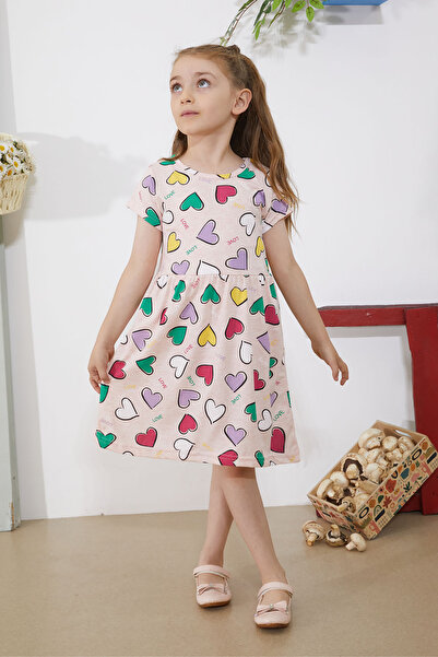 Cansın Mini Κοντομάνικο φόρεμα για κορίτσια με στάμπα καρδιάς - Salmon 18783