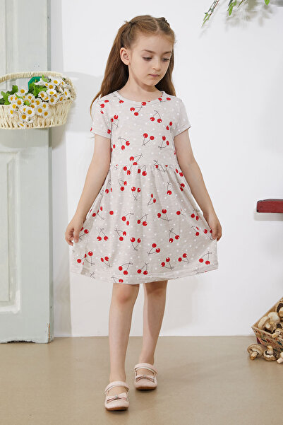 Cansın Mini Καλοκαιρινό φόρεμα για κορίτσια Cream Cherry Printed - Κοντό μανίκι 18786