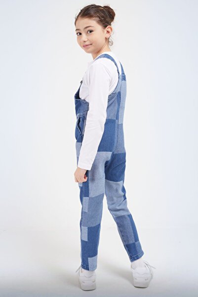 Cansın Mini Blue Square Patterned Girl's Jean Salopet Jumpsuit 17612