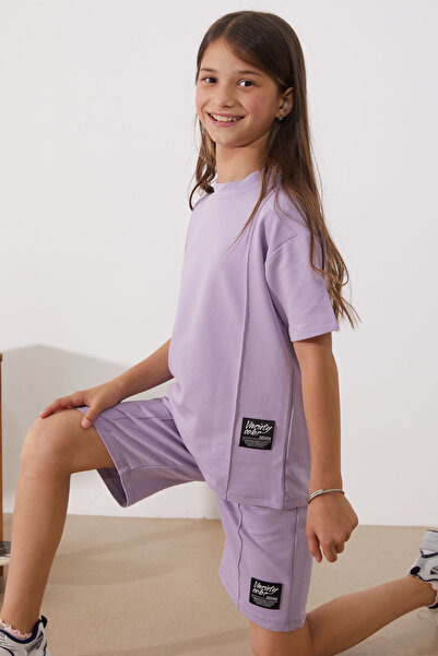 Cansın Mini Lilac Oversize Girl's T-Shirt and Shorts Set - 18905