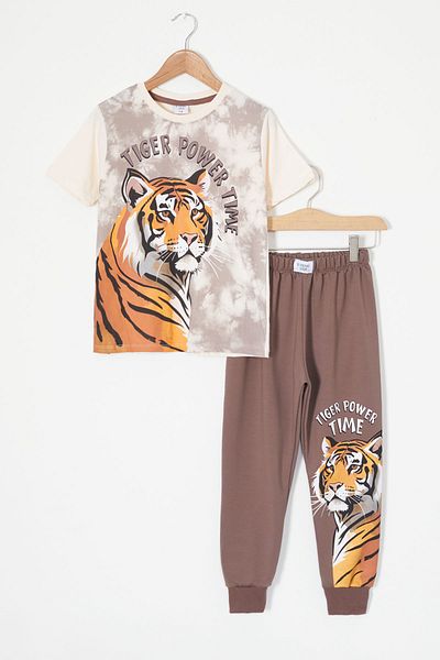 Cansın Mini Brown Tiger Printed T-Shirt Boy Suit 18014