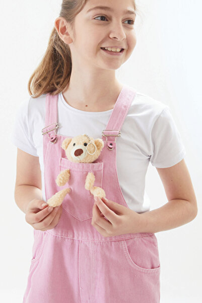 Cansın Mini Pink Teddy Bear Pocket Slit Girl's Salopet Jumpsuit 17716