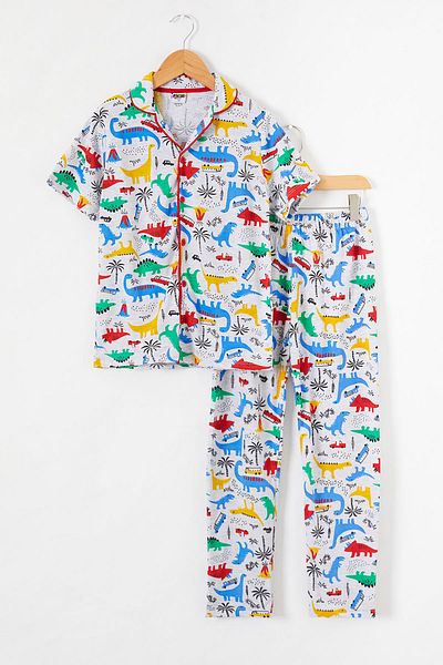 Cansın Mini Boy's Gray Dinosaur Printed Short Sleeve Pajama Set - 18691