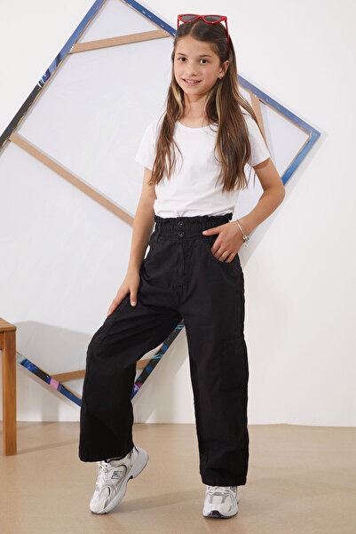 Cansın Mini Black Girl's Parachute Pants with High Waist and Double Pockets - 18927