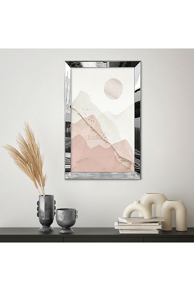 Zevahir Mobilya Dekorasyon Pictură unică din MDF cu cadru din plexiglas cu oglindă argintie în stil boem, tonuri pastel, peisaj de munte
