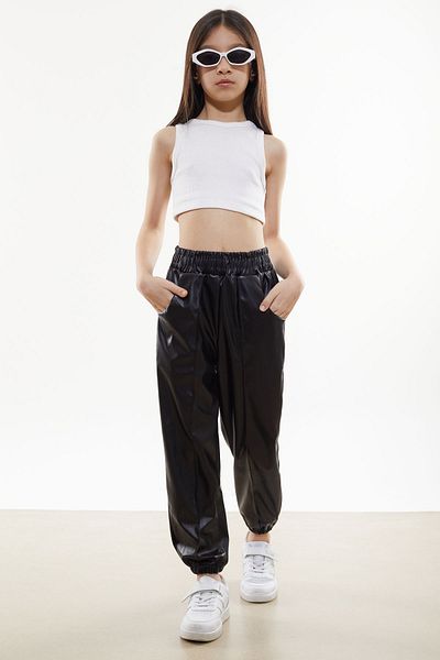 Cansın Mini Black Elastic Waist Jogger Model Girl Leather Trousers 18049