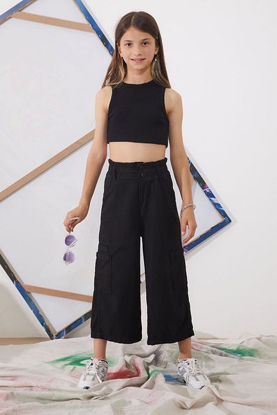 Cansın Mini High Waist Black Dobby Girl's Trousers - 18923